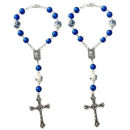 2-Piece Car Rosary & Cross Pendant Car Accessories, Rearview Mirror Hanging Ornament for Interior Decors (Blue) - color: Blue