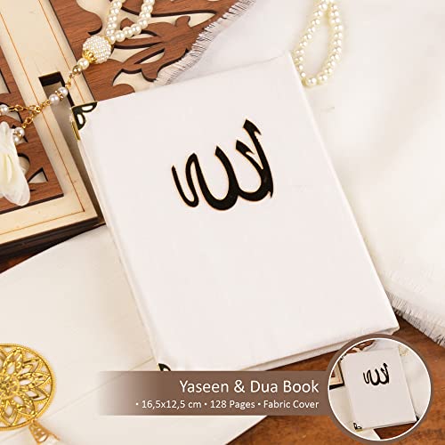 BABY SHOWER CHOCOLATE Prayer Rug Islamic Gift Set, Velvet Prayer Mat, Prayer Beads, Scarf and Yaseen Book, Perfect Family and Muslim Eid Gifts (White) - color: White