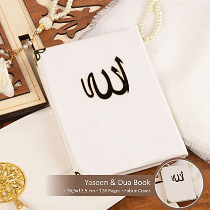 BABY SHOWER CHOCOLATE Prayer Rug Islamic Gift Set, Velvet Prayer Mat, Prayer Beads, Scarf and Yaseen Book, Perfect Family and Muslim Eid Gifts (White) - color: White