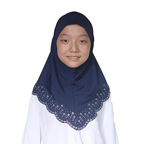 Girls Hijab with Rhinestones – Sparkly Non-Slip Amira Scarf for Kids, for Daily Prayer, School, Ramadan & Eid (Ages 4-12) - color: Navy Blue-wavy Edge