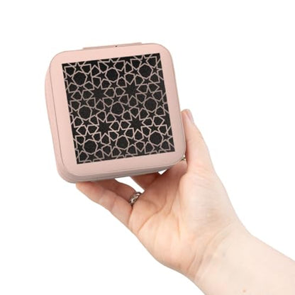 3dRose Silver Stars Outline Geometric Intricate Islamic Art Pattern on Black - filigree laser cut effect Jewelry Travel Case Pink