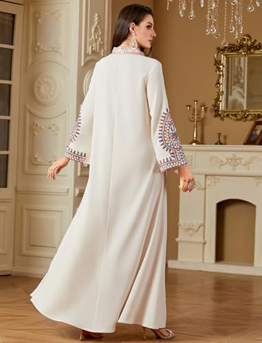 ABEWIP Muslim Dresses for Women Ramadan Kimono Long Sleeve Embroidered Islamic Prayer Dress Turkey Dubai Eid Abaya Kaftan - color: Apricot, size: Large