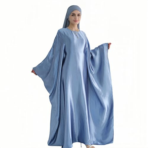 Abaya Muslim Women Dress Satin Batwing Sleeve Kaftan Maxi Arabian Dubai Islamic Ramadan Prayer Dress with Hijab Scarf - color: Blue