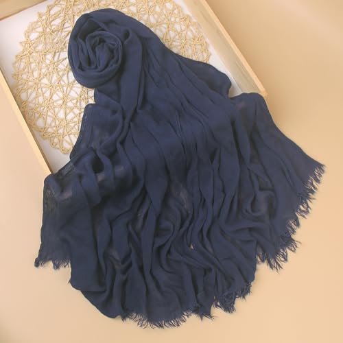 Cotton Linen Plain Hijab Scarf For Women,Muslim Viscose Crinkle Edge With Fringe,Summer Beach Wrap Headwraps Shawl - color: 55#navyblue