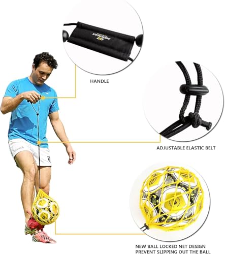 PodiuMax Handle Solo Soccer Kick Trainer with New Ball Locked Net Design, Soccer Ball Bungee Elastic Training Juggling Net (Fits Ball Size 3, 4, 5) - color: yellow