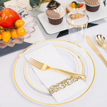 350 Pieces White and Gold Plastic Plates - 50 Guest Dinnerware Set Include 100 Plates, 50 Gold Plastic Silverware, 50 Paper Napkins and 50 Cups for Wedding/Baby Shower/Spring/Birthday/Mother's Day - color: Gold - Modern, size: 350
