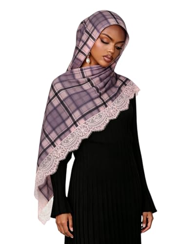 JUMISEE Elegant Floral Lace Hijab Scarf for Women Soft Cotton Head Wrap Instant Hijab Long Scarves Evening Dress Shawl - color: Pink Plaid Pattern