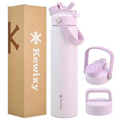 KEWIXY 24 oz Insulated Water Bottle, 2-in-1 Lid, Straw & Spout with Protected, Leak Proof, Keep Cold, Stainless Steel, Metal, Reusable, Handle, for Travel, Gym and School, 2 Lids, Pale Mauve - color: Pale Mauve, size: 24 Ounces