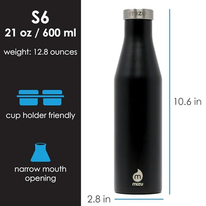 MIZU - S6 Slim Series Water Bottle | 19 oz. Double Wall Stainless Steel Vacuum Insulated | Narrow Mouth with Leak Proof Cap | Multiple Colors | BPA Free - color: Black