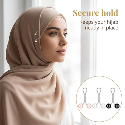 JJUNW 24 Pcs Hijab Clips For Women, Hijab Pins Scarf Clip Pearl Scarf Clips 3 Colors Headscarf Pearl Brooch Pin, Shawl Scarfs Safety Pins Wedding Dress Accessories