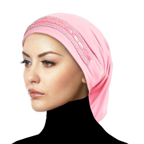 Luxor Underscarf Hijab Beanie Head Wrap Chemo Cap for Cancer Patients - color: Pink