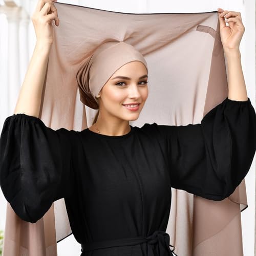 Women Instant Chiffon Hijab Set 3-in-1 Hijabs Scarf Muslim Soft Long Head Scarf with Built-in Magnets and Undercap - color: Khaki