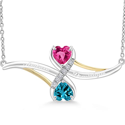 Gem Stone King 2-Tone Customized Engraved 2-Stone Heart Gemstone Pendant