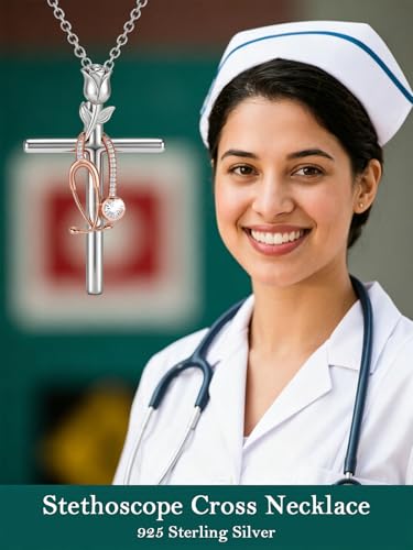 Graduation Gifts for Women 925 Sterling Silver Compass/Graduation/Vet/Cross/Stethoscope Necklace for Women - color: Cross-Stethoscope