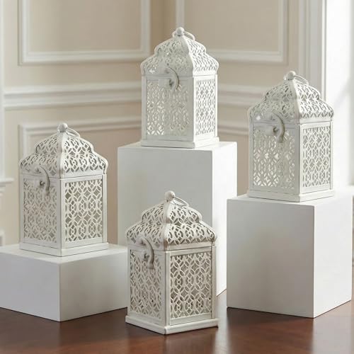 VELA LANTERNS Mini Tower Temple Moroccan Lantern Lamp Decorative Candle Holders for Ramadan Decorations, Hanging, Outdoor Patio or Porch, Indoor Home Decor, White, Set of 4 - color: White, size: 5"