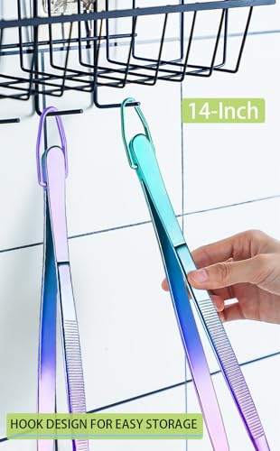 JETKONG 2 Pcs 14-Inch Culinary Tweezers Extra Long Food Tweezers Kitchen Tweezer Tongs for Cooking Grilling and BBQ (Rainbow) - color: Rainbow, size: 14+14 Inch