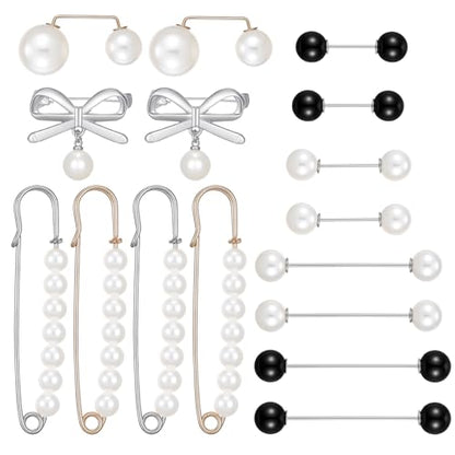 16 Pcs Pearl Brooch Pins Set, Decorative Safety Pin Pant Waist Tightener Pins for Clothes Sweater Shawl Hat Clips White Collar Clips for Cardigan Dress Sweater - style: Pearl Style