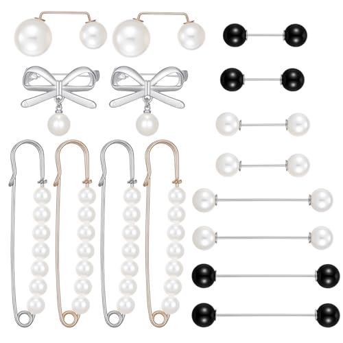 16 Pcs Pearl Brooch Pins Set, Decorative Safety Pin Pant Waist Tightener Pins for Clothes Sweater Shawl Hat Clips White Collar Clips for Cardigan Dress Sweater - style: Pearl Style