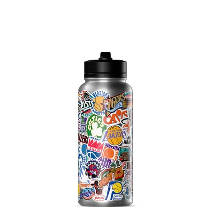 Hydrapeak NBA Officially Licensed Hardwood Classics Retro All-Team Sticker Print Logo 32oz Insulated Water Bottle with Straw Lid and Handle, Stainless Steel Tumbler for Old School NBA Fans - color: NBA Hardwood Classics, size: 32 Ounces