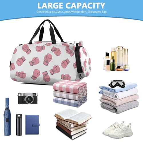 VIGTRO Pink Boxing Gloves Print Kids Overnight Travel Duffel Bag Sport Gym Bag for Boys Girls with Shoe Compartment, Carry On Weekender Luggage Bag for Dance Swim Yoga