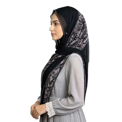 Chiffon Rhinestone Muslim Headscarf - color: Black Python Print 