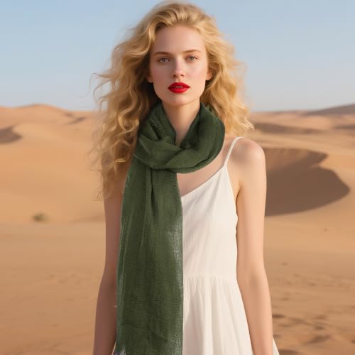 Nydotd Women Summer Cotton Linen Scarf Crinkle Long Beach Shawl Wrap hijab with Fringe - color: Army Green