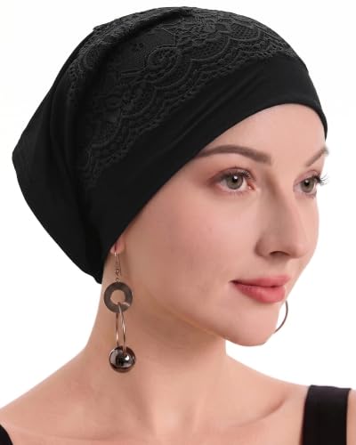 ZLYC Hijab Cap for Muslim Women Soft Stretchy Open-Back Inner Undercap - color: Lace Solid Black