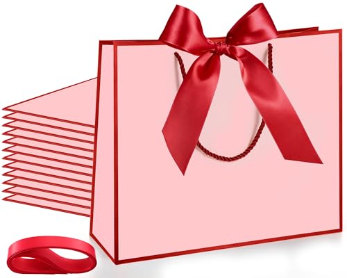 Silkfly 12 Pcs Paper Gift Bags with Handles & Bow Ribbon, Pink, Red - color: Pink, Red