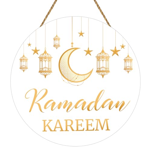 Ramadan Door Decoration Ramadan Kareem Sign Moon Lantern Star Wreath Hanging Plaque Eid Mubarak Decorations Wooden Wreath for Front Door Hanger for Muslim Porch Wall Indoor Home Decor(White Gold)