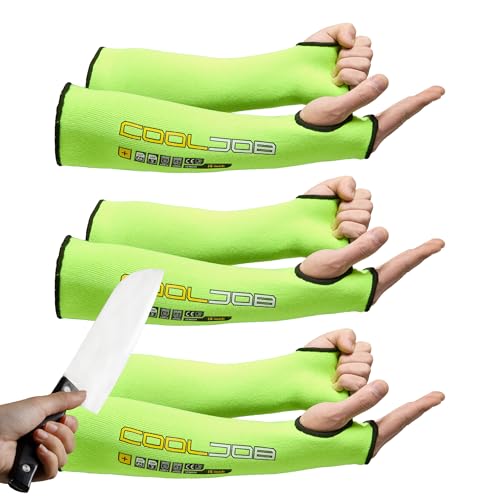 COOLJOB 3 Pairs 14/18in A4 Cut Resistant Sleeves with Thumb Hole, UV Sun Protection Arm Sleeves for Thin Skin Farmer Gardener - color: Fluorescent Green (14" L)