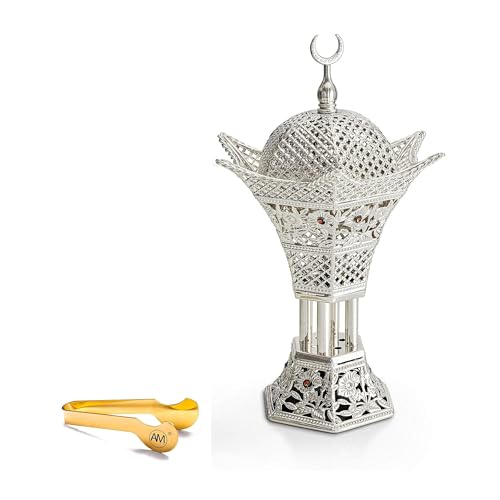 AM Bakhoor Charcoal Incense Burner – Luxury Gold Frankincense Resin Burner for Oud, Bakhoor, Incense Sticks & Cones – Decorative Metal Holder with Removable Lid & Safe Flame Control (Silver) - color: Silver