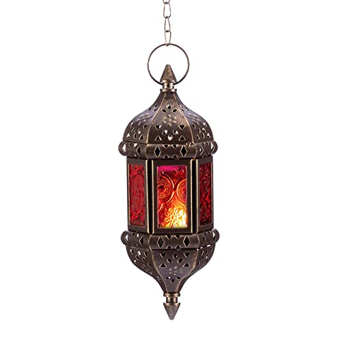 Hanging Hexagon Decorative Moroccan Candle Lantern Holders, Handmade Hanging Tea Light Holder in Brown Metal & Red & Purple Glass Gift & Decor Items | Hexagon Metal Frame, Red & Purple & Yellow Glass Panels, Vintage Look, Incense Burner, for Porch, Patio,