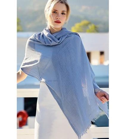 Solid color cotton and linen scarf, wrinkled all season versatile long sunscreen fashionable shawl - color: Light Blue