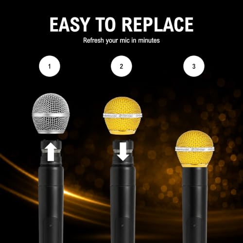 Bling Gold Mic Cover with Crystal Band for SM58/Beta58, 4-Pack | Mic Head Covers Use Sparkle 24K-Plated Metal Mesh with Silver Rhinestone Band and Inner Foam Filter to Shine the Vocal Kit