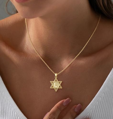 Gold Initial Necklaces for Women Dainty Pendant Letter Necklace 14K Gold Plated Jewish Star of David Religious Jewelry Personalized Gift Non Tarnish Waterproof 16.5-18.5 Inches - style: Initial L