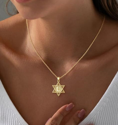 Gold Initial Necklaces for Women Dainty Pendant Letter Necklace 14K Gold Plated Jewish Star of David Religious Jewelry Personalized Gift Non Tarnish Waterproof 16.5-18.5 Inches - style: Initial L