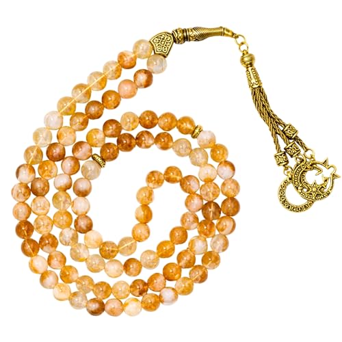 Amazing Gemstone Crystal Tasbeeh with Moon and Star Charm - Certified Crystal Muslim Prayer Beads Natural Gemstone Tasbih Gift for Ramadan Dhikr and Daily Namaz (G) - color: Citrine Natural