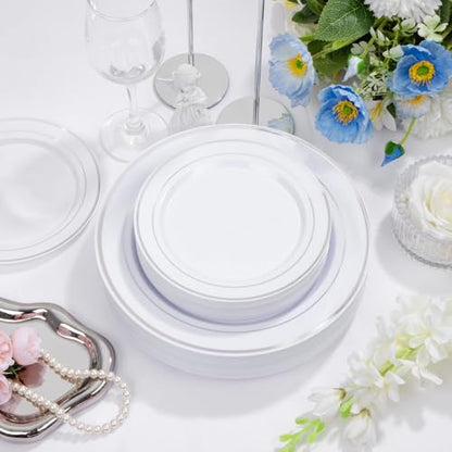 Supernal 102pcs White and Silver Plastic Plates Disaposable Party Plates White Silver Rim Heavy Duty Fancy Silver Plastic Dinnerware Set included 51 Dinner & Dessert Plates for Valentine's Day - color: 102pcs White and Silver Plastic Plates