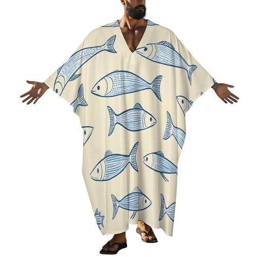 Sardine Fish Men's Kaftan Thobe V-Neck Long Gown Loose Robe - size: Small