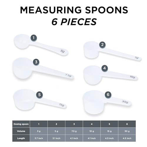 Measure spoons | measuring spoons set of 6 | exact dosing 3 gram scoop, 5 gram scoop, 7,5g, 10g, 15g, 30g | kitchen measuring set for powder and liquids | plastic medicine spoon and cups