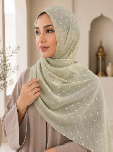 Chiffon Dotted Hijab Scarf for Women, Lightweight Textured Head Wrap Shawl,Soft Muslim Headscarf for Spring Fall - color: Mcmqxf2531-8#lightgreen