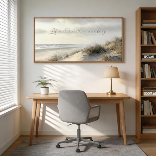 CHDITB Neutral Coastal Beach Quote Framed Wall Art 40x20 Inch - color: Life is at Ease with an Ocean Breeze, size: 40"L x 20"W