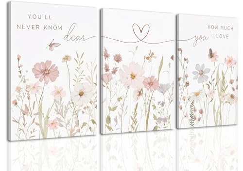 Rustic Floral Wall Art Set of 3, Watercolor Wildflower Prints with Heart Line and Inspirational Quotes Neutral Botanical Canvas Wall Decor for Bedroom Living Room Nursery Home Decor 24x16 in Framed - color: Pink Flower Love, size: 24"L x 16"W