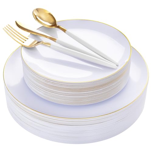 DaYammi 150Pcs Gold Plastic Plates with Disposable Silverware,White Gold Disposable Dinnerware Set - 30 Dinner Plate,30 Dessert Plate,90 Gold Cutlery with White Handles,Fancy Plates for Party Wedding - color: A Gold