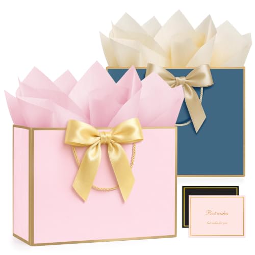 ANZNKU Pink & Blue Gift Bags Medium with Handles 2PCS for Wedding Birthday - color: Soft Pink + Navy Blue