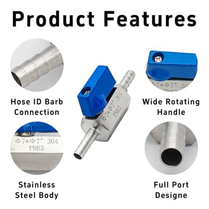 1/4” 304 Stainless Steel Mini Barb Ball Valve, Hose Shut Off Valve with Clamps, Corrosion Resistant Shut-Off Switch for Water, Gas, Fuel, Drip Irrigation, Aquariums - size: 1/4”