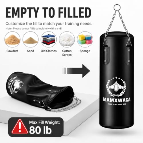 Kids Punching Bag Set Unfilled, Hanging Boxing Bag Kickboxing Bag with Boxing Gloves, Kids Boxing Set for 3-12 Years, for Youth Karate Muay Thai Kick Taekwondo Training