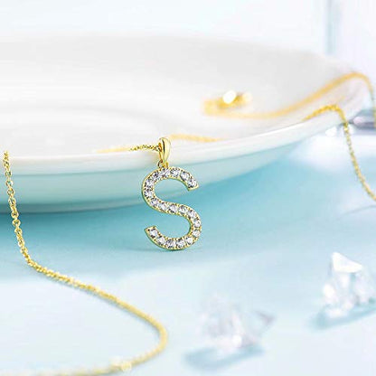 Tarsus Initial Cubic Zirconia Necklace Jewelry Gifts for Women Adjustable Chain 18" + 2" - style: Gold-S-Diamond style