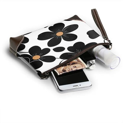 Leather Clutch Purse for Women, Large Capacity Wristlet Wallet with Removable Strap, Zip Handbag - color: Black Floral