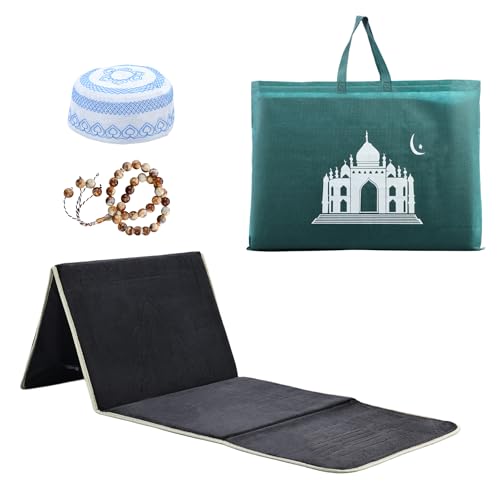 Foldable Muslim Prayer Mat with Back Rest Support, Thick Padded Islamic Prayer Rug, Travel Portable Carpet for Women Men, janamaz, Sajadah, Meditation Prayer Ramadan Eid Gift with Hat and 33 Beads - color: BLACK